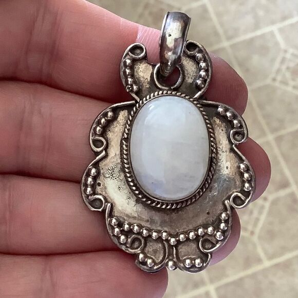 STERLING SILVER 925 VINTAGE OVAL MOON STONE LARGE PENDANT​ - Picture 2 of 6